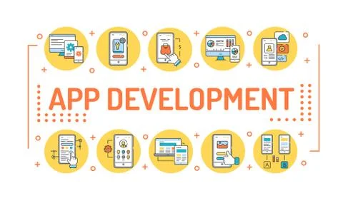 App development word lettering typography. Infographics with linear icons on  스톡 일러스트