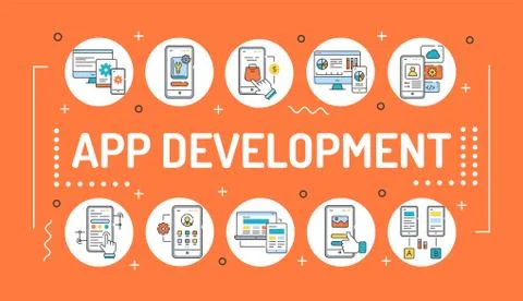 App development word lettering typography. Infographics with linear icons on  イラスト素材
