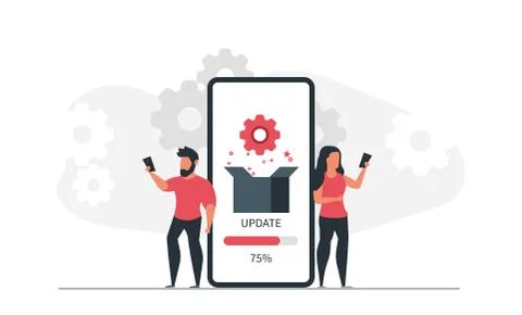 App installation and update by man and woman via phone. People and mobile app イラスト素材