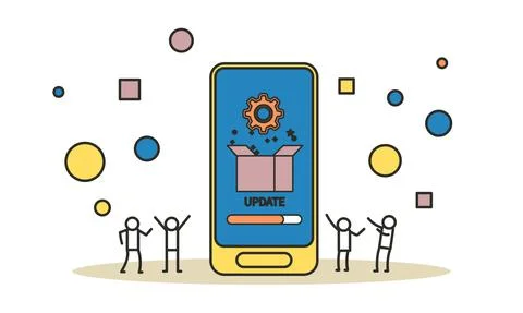 App installation and update by man and woman via phone. People and mobile app Stockillustratie