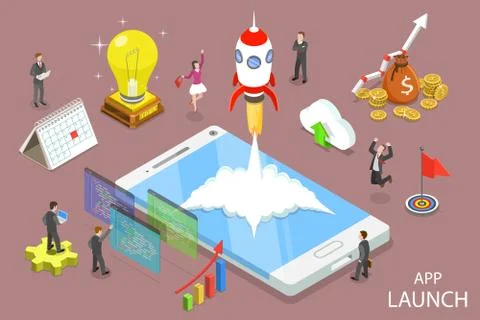 App launch flat isometric vector concept. Stock Illustration