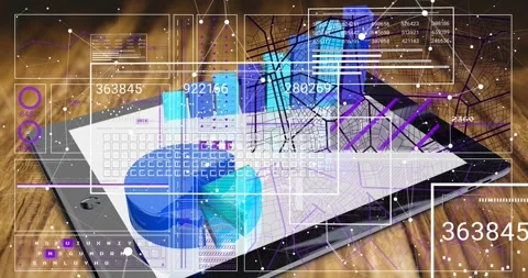 App launching animating tablet 3D charts, HUD overlays growing then receding Stock Footage 328396807