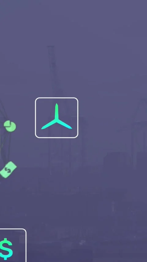 App loading, teal propeller icon animating center over hazy harbor, left dollar Stock Footage 331790738