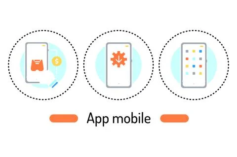 App mobile outline concept. Technology line color icons. Pictograms for web p Illustrazione stock