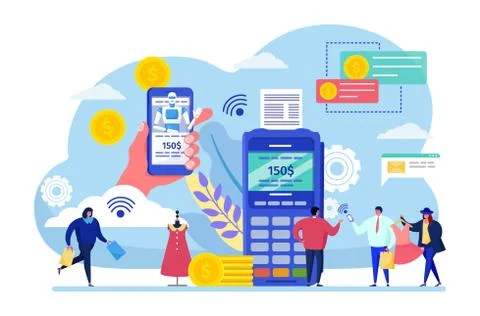 App mobile payment vector illustration. Cartoon woman man flat character buy Stock Illustration