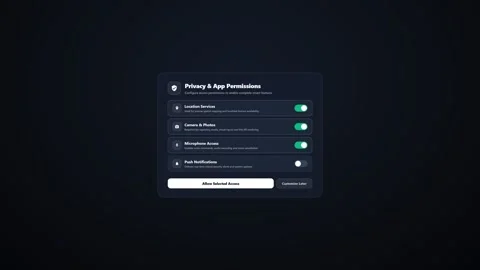 App permission privacy toggles for user data control on dark background. 4K Видео 344845075