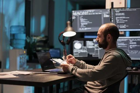 App programmer comparing data on papers Stock Photos