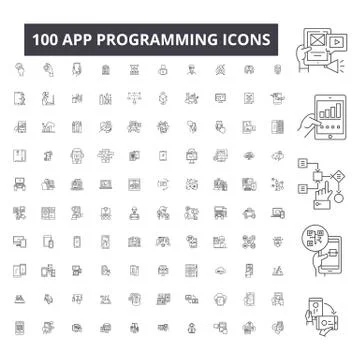App programming editable line icons, 100 vector set, collection. App programming Stock Illustration