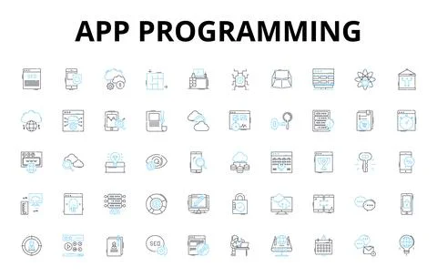 App programming linear icons set. Programming, Development, Design, Debugging Stock Illustration