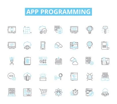 App programming linear icons set. Programming, Development, Design, Debugging Stock Illustration
