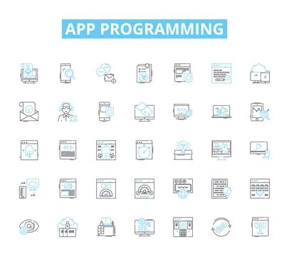 App programming linear icons set. Programming, Development, Design, Debugging Stock Illustration