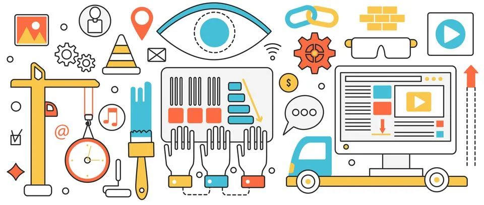 App software development, construction crane building application, web content Stock Illustration