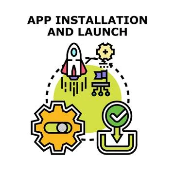 App software installation launching and successful deployment Stock Illustration