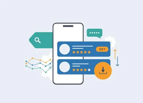 App store mobile optimization boosts discoverability with star ratings, user Stock Illustration