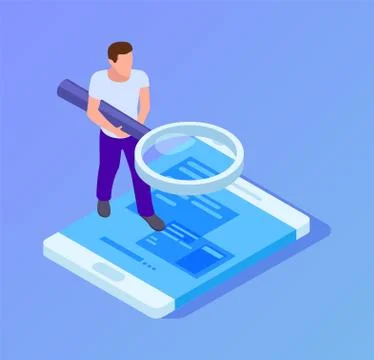 App tester. Isometric man testing mobile app. Man with magnifying glass looks at 스톡 일러스트