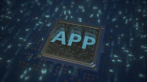 APP text on a computer chip, 3d rendering 스톡 일러스트