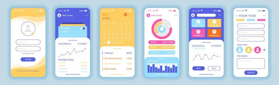 App UI. Phone screen interface application. Account login. Smartphone call and Stock Illustration