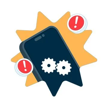 App update notification concept. Smartphone with gear and exclamation mark. Stock Illustration