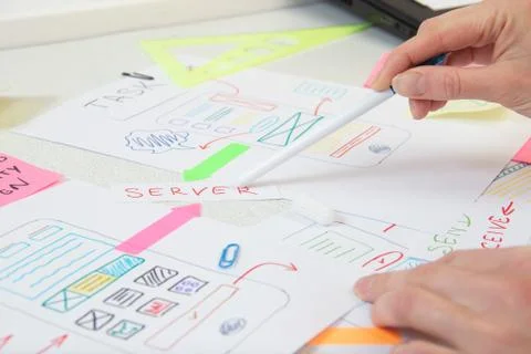 App ux design. UI developer organizes application solutions. Stock Photos