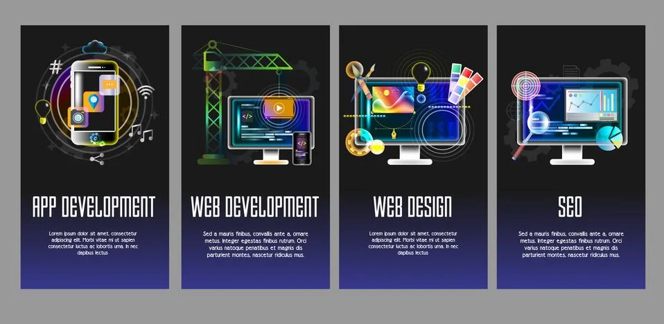 App, web development, design, seo vector templates Stock Illustration