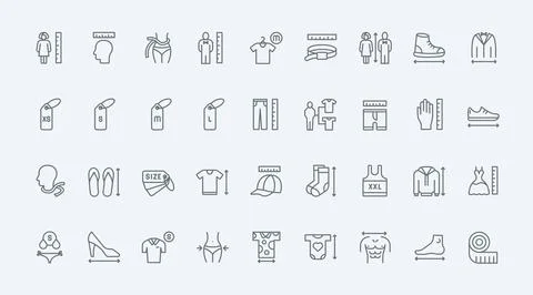 Apparel and shoe size thin black line icons set, tailors guide charts, human Stock Illustration