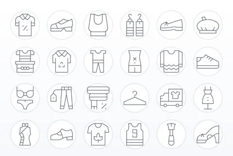 Apparel Scalable Vector Set featuring 24 PIXEL Perfect Thin Line 64x64 Icons Illustration