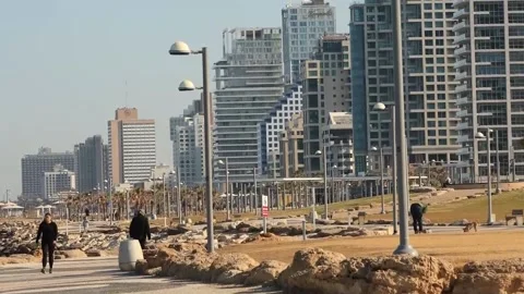 Apparent calm in Tel Aviv after first night without constant alarms, Tel Aviv, I Stock Footage 329969381