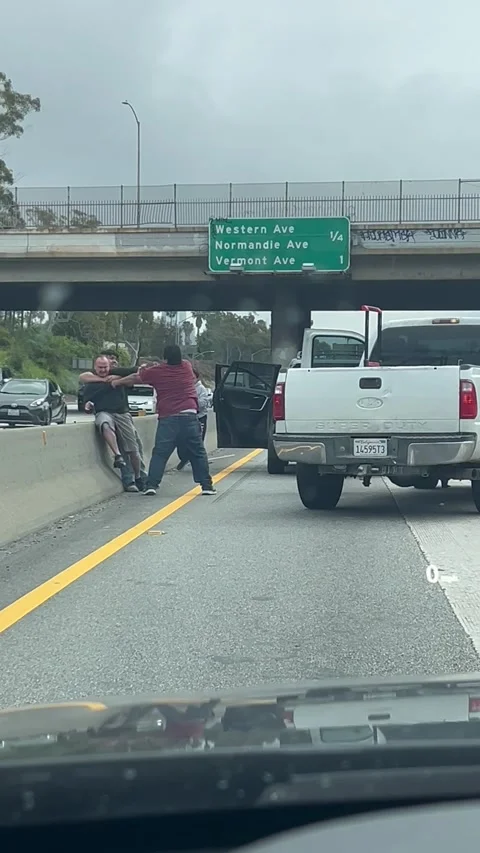 Apparent Road Rage Brawl on Los Angeles Freeway, Los Angeles, California, USA -  Stock Footage 290796123