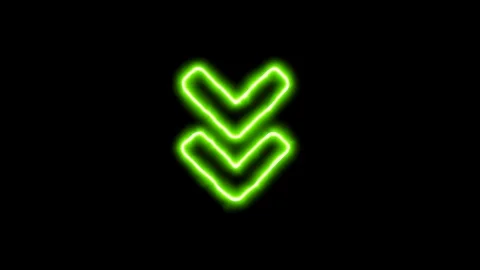 The appearance of the green neon symbol Angle double down. Flicker, In - Out. Stock Footage 100693867