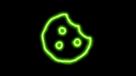 The appearance of the green neon symbol cookie bite. Flicker, In - Out. Alpha Stock Footage 100993853