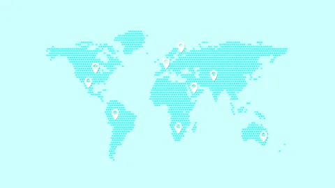 The appearance of labels on the world map from hexagonal dots Stock Footage 209600623