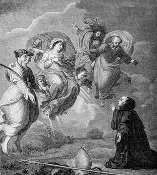 Appearance of Saint Scholastica to Saint Benedict, her brother, the illustrat Stock Illustration