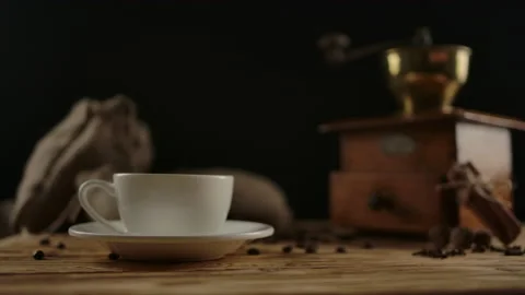 Appearance of second white ceramic cup with coffee or tea on table. Dolly shot Stock Footage 138521041