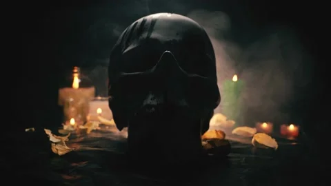 The appearance of a skull in smoke from the dark in an esoteric setting 库存影片 145641905