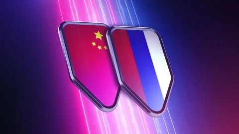 The appearance of two emblems with the flags of the countries "China and Russ Stock Footage 250093885