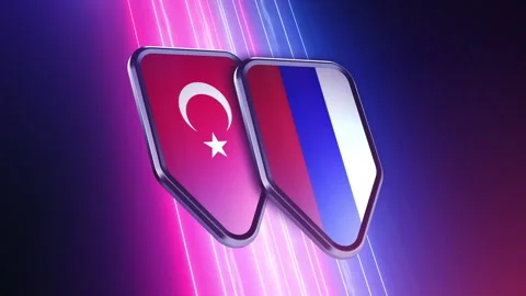 The appearance of two emblems with the flags of the countries "Turkey and Rus Video stock 250093938