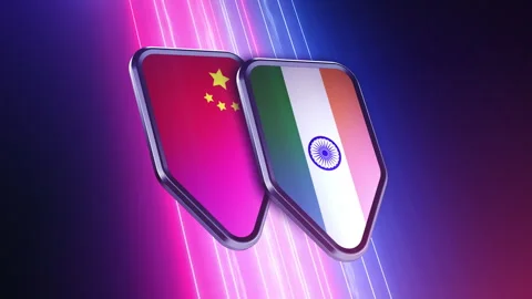 The appearance of two emblems with the flags of the countries "China and Indi Stock Footage 250094013