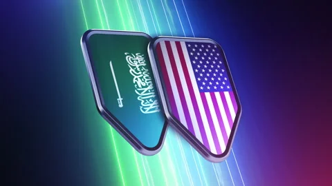 The appearance of two emblems with the flags of the countries " Saudi Arabia  Stock Footage 250094146