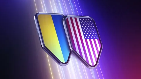 The appearance of two emblems with the flags of the countries " Ukraine and t Video stock 250094222
