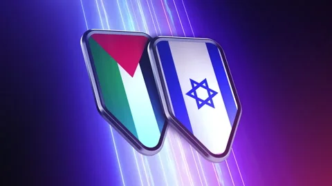 The appearance of two emblems with the flags of the countries of "Palestine a Stock-Footage 250094300