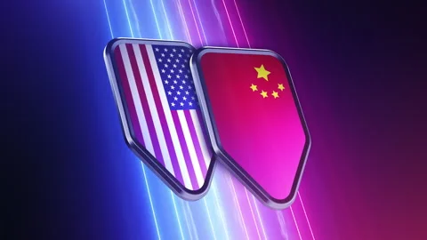 The appearance of two emblems with the flags of the countries "USA and China" Stock Footage 250094308