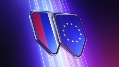 The appearance of two emblems with the flags of "Russia and the European Unio Vídeo Stock 250093879