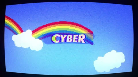 Appearing 3D-styled CYBER text pulsing in pixelated sky on monitor with Stock Footage 311474456