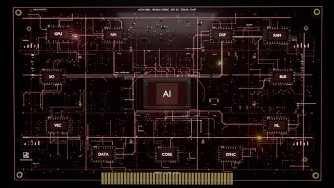 Appearing AI core spurring central AI scaling into PCB, drawing traces to Video stock 337964602