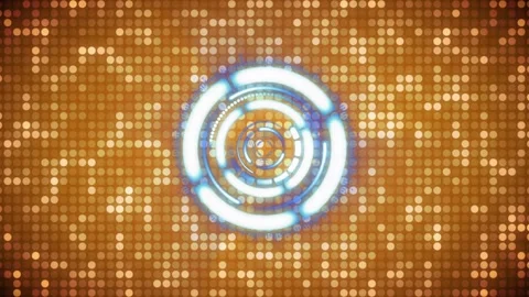 Appearing blue concentric rings over golden dot mosaic, rotating orbiting dots Stockbeeldmateriaal 318936282