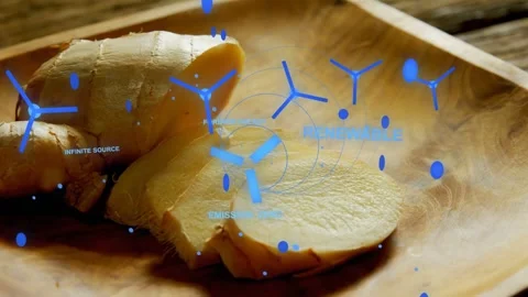Appearing blue HUD overlay pulsing turbines over sliced ginger in bowl on plank, Stock Footage 331833272