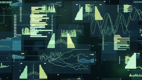 Appearing chart panels on dark teal display, stacking into dashboard with Stock Footage 337505033
