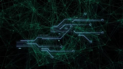 On appearing cyan schematic lighting rails, pulsing nodes, sliding arrows, 스톡 동영상 329784898