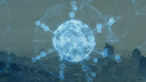 On appearing at dawn wireframe globe building network and illustrating Vídeos de archivo 317227707