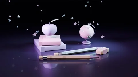 Appearing dot turning into apple, settling on books at studio forming school Vídeos de archivo 339194143